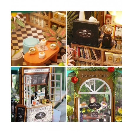 Dollhouse Miniature with Furniture DIY 3D Wooden Doll House Kit Garden Coffee House Style Plus with Dust Cover and LED 1:24 S...