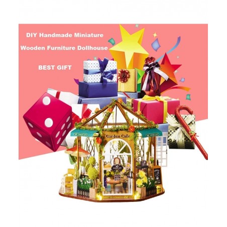 Dollhouse Miniature with Furniture DIY 3D Wooden Doll House Kit Garden Coffee House Style Plus with Dust Cover and LED 1:24 S...