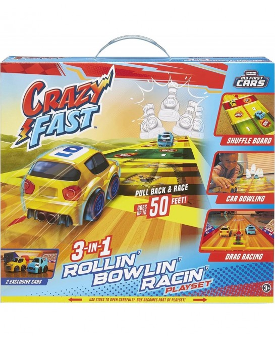 Little Tikes My First Cars Crazy Fast 3-in-1 Rollin’ Bowlin’ Racin’ Playset with 2 Exclusive Pullback Toy Car Vehicles Goes u...