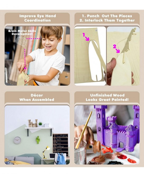 3D Puzzle Castle Set Wood Craft Construction Model Kit Fun & Educational DIY Wooden Toy Assemble Model Unfinished Crafting Ho...