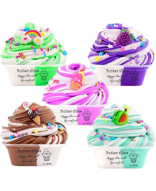 5 Pack Butter Slime Kit Soft & Non-Sticky Scented Slime for Kids Party Favor with Watermelon Unicorn Ice Cream etc Slime Char...
