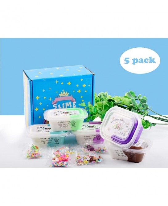 5 Pack Butter Slime Kit Soft & Non-Sticky Scented Slime for Kids Party Favor with Watermelon Unicorn Ice Cream etc Slime Char...