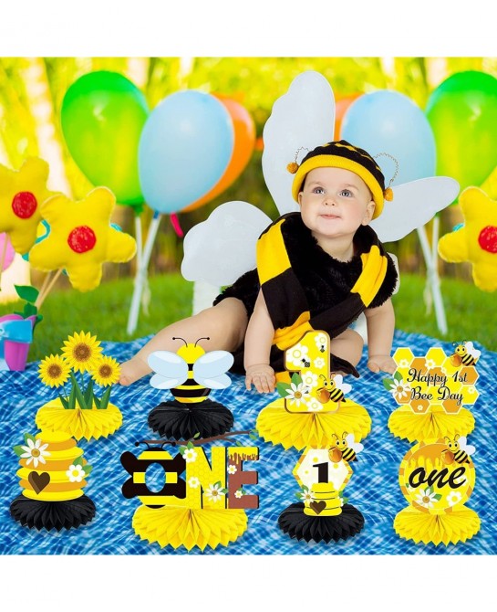 8Pcs Bumble Bee Birthday Party Decorations Honeycomb Centerpieces Happy 1st Bee Day Birthday Themed Table Centerpiece Toppers...