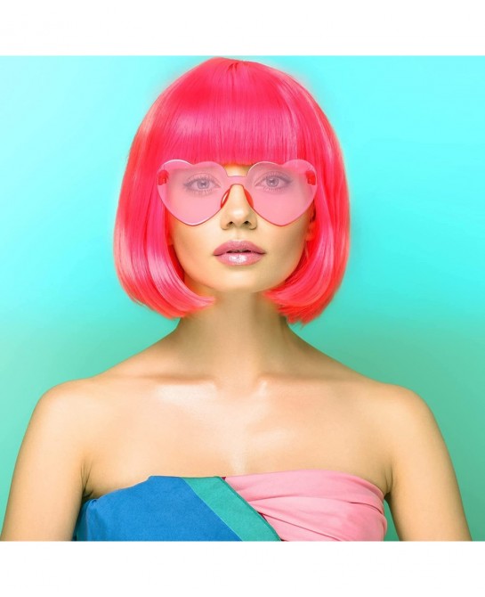 4 Pieces Party Wigs and Sunglass Set Neon Short Bob Hair Wigs Colorful Cosplay Costume Wig Heart Shaped Sunglasses for Women ...