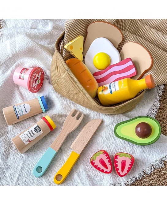 Wooden Play Food for Toddlers - 16 Pieces Breakfast Pretend Toy Food for Play Kitchen Accessories Fake Food for Kids Kitchen ...