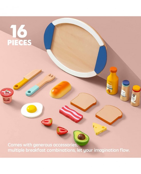 Wooden Play Food for Toddlers - 16 Pieces Breakfast Pretend Toy Food for Play Kitchen Accessories Fake Food for Kids Kitchen ...