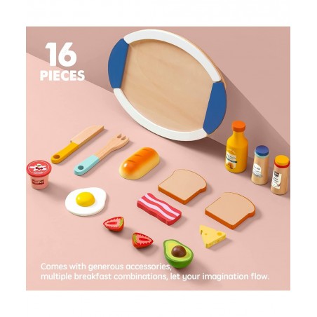 Wooden Play Food for Toddlers - 16 Pieces Breakfast Pretend Toy Food for Play Kitchen Accessories Fake Food for Kids Kitchen ...
