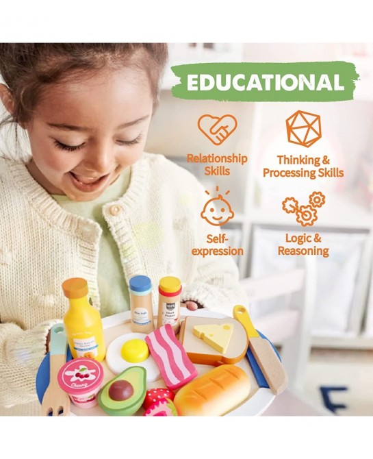 Wooden Play Food for Toddlers - 16 Pieces Breakfast Pretend Toy Food for Play Kitchen Accessories Fake Food for Kids Kitchen ...