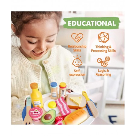 Wooden Play Food for Toddlers - 16 Pieces Breakfast Pretend Toy Food for Play Kitchen Accessories Fake Food for Kids Kitchen ...