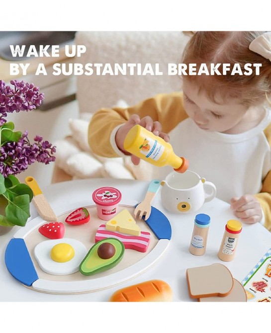 Wooden Play Food for Toddlers - 16 Pieces Breakfast Pretend Toy Food for Play Kitchen Accessories Fake Food for Kids Kitchen ...