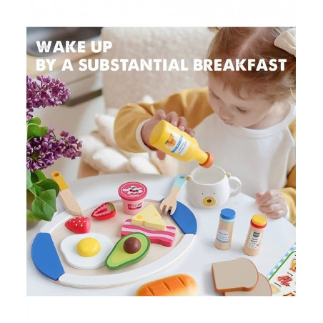 Wooden Play Food for Toddlers - 16 Pieces Breakfast Pretend Toy Food for Play Kitchen Accessories Fake Food for Kids Kitchen ...
