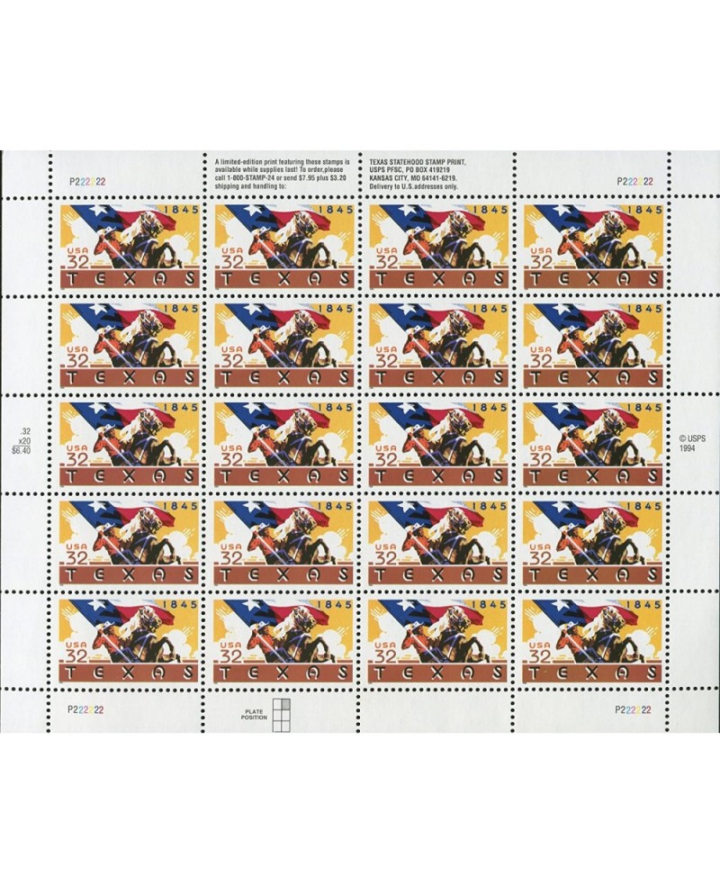 Texas Twenty 32 Cent Collectible Stamps 1994 Scott 2968 $20.77 Collectible Postage Stamps
