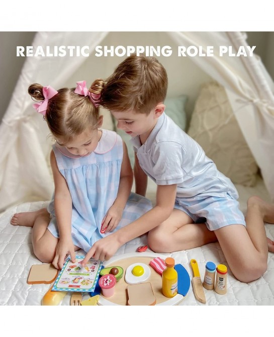 Wooden Play Food for Toddlers - 16 Pieces Breakfast Pretend Toy Food for Play Kitchen Accessories Fake Food for Kids Kitchen ...