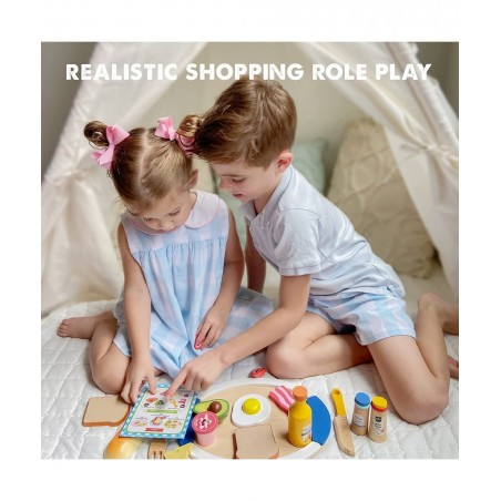 Wooden Play Food for Toddlers - 16 Pieces Breakfast Pretend Toy Food for Play Kitchen Accessories Fake Food for Kids Kitchen ...