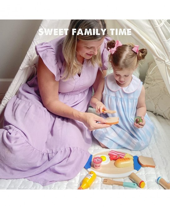 Wooden Play Food for Toddlers - 16 Pieces Breakfast Pretend Toy Food for Play Kitchen Accessories Fake Food for Kids Kitchen ...