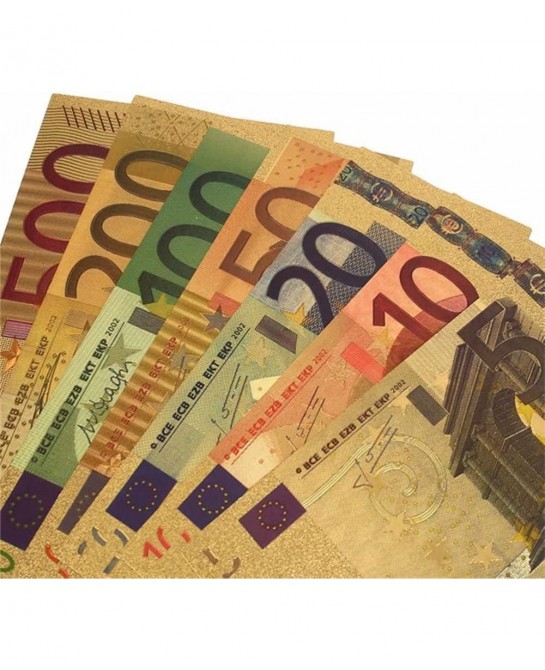 7PCS Gold Euro Money Bills Souvenir Banknote 5202050100200500 Euro Bill Set of Colored Commemorative Coins with Gold Foil $20...