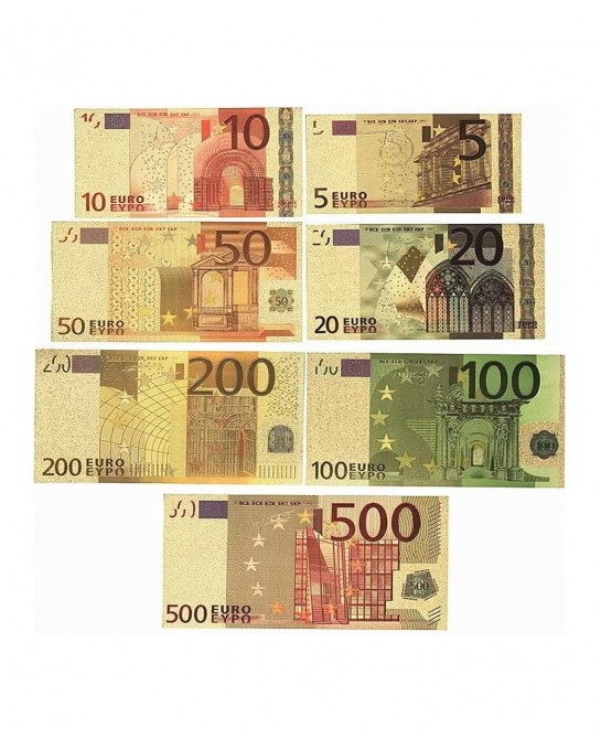 7PCS Gold Euro Money Bills Souvenir Banknote 5202050100200500 Euro Bill Set of Colored Commemorative Coins with Gold Foil $20...