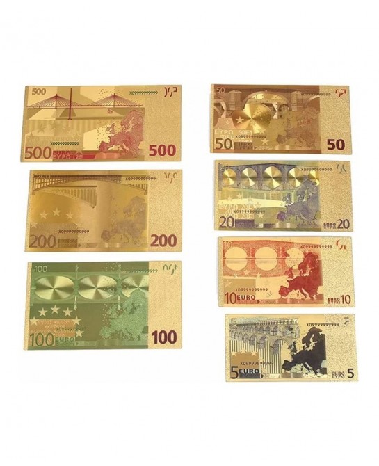 7PCS Gold Euro Money Bills Souvenir Banknote 5202050100200500 Euro Bill Set of Colored Commemorative Coins with Gold Foil $20...
