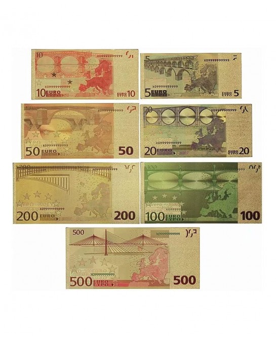 7PCS Gold Euro Money Bills Souvenir Banknote 5202050100200500 Euro Bill Set of Colored Commemorative Coins with Gold Foil $20...