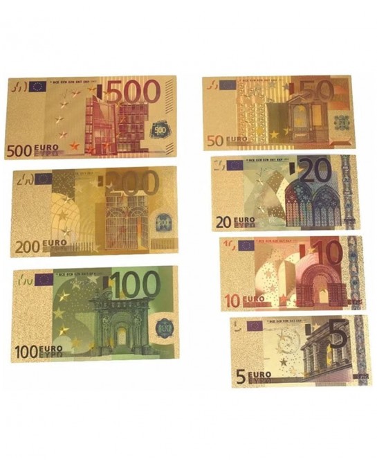 7PCS Gold Euro Money Bills Souvenir Banknote 5202050100200500 Euro Bill Set of Colored Commemorative Coins with Gold Foil $20...