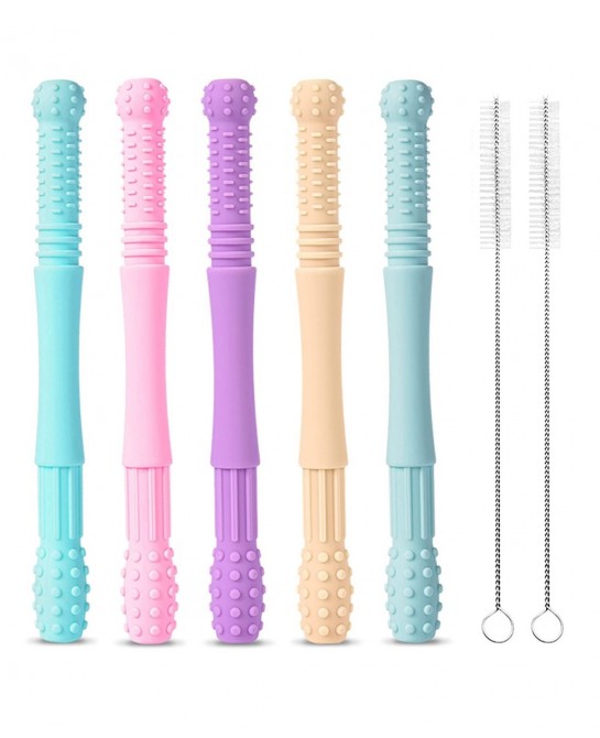 Teething Tubes for Baby 5 Pack Hollow Teether Tubes Soft Silicone Teether Toy Chew Straw Toy for Babies 3-12 Months with 2 Cl...