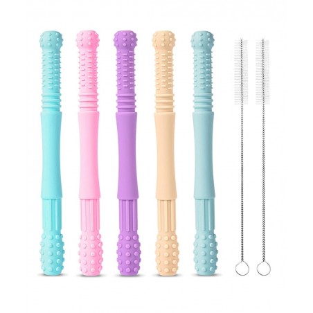 Teething Tubes for Baby 5 Pack Hollow Teether Tubes Soft Silicone Teether Toy Chew Straw Toy for Babies 3-12 Months with 2 Cl...