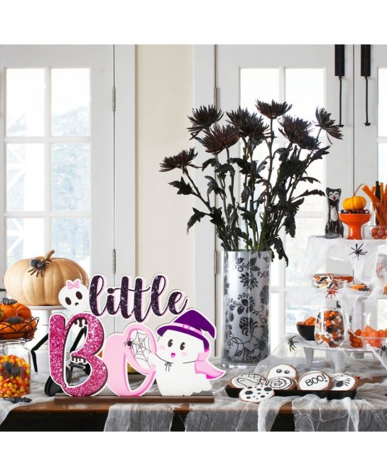 Little Boo Baby Shower Wooden?Table?Centerpiece Halloween Glitter Pink and Black Wood Letter Sign for Halloween Party Kids Bi...
