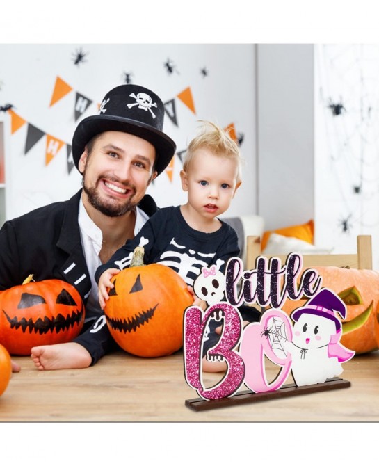 Little Boo Baby Shower Wooden?Table?Centerpiece Halloween Glitter Pink and Black Wood Letter Sign for Halloween Party Kids Bi...
