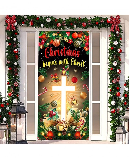 Christmas Cross Door Cover Nativity Cross Religious Door Decorations Banner Christmas Begins with Christ Porch Sign Photo Bac...