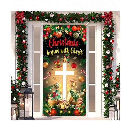 Christmas Cross Door Cover Nativity Cross Religious Door Decorations Banner Christmas Begins with Christ Porch Sign Photo Bac...