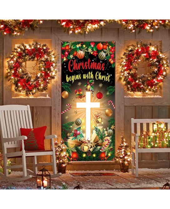 Christmas Cross Door Cover Nativity Cross Religious Door Decorations Banner Christmas Begins with Christ Porch Sign Photo Bac...