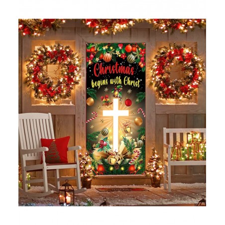 Christmas Cross Door Cover Nativity Cross Religious Door Decorations Banner Christmas Begins with Christ Porch Sign Photo Bac...