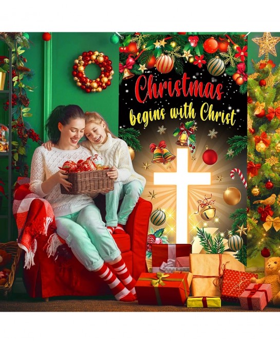 Christmas Cross Door Cover Nativity Cross Religious Door Decorations Banner Christmas Begins with Christ Porch Sign Photo Bac...