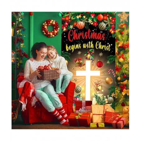 Christmas Cross Door Cover Nativity Cross Religious Door Decorations Banner Christmas Begins with Christ Porch Sign Photo Bac...