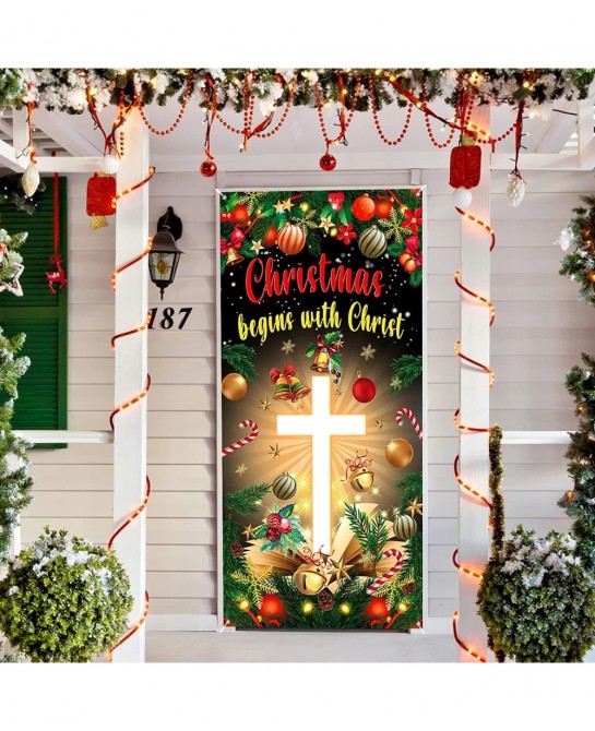 Christmas Cross Door Cover Nativity Cross Religious Door Decorations Banner Christmas Begins with Christ Porch Sign Photo Bac...
