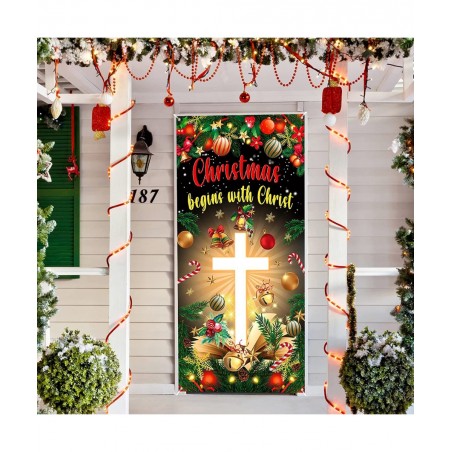 Christmas Cross Door Cover Nativity Cross Religious Door Decorations Banner Christmas Begins with Christ Porch Sign Photo Bac...