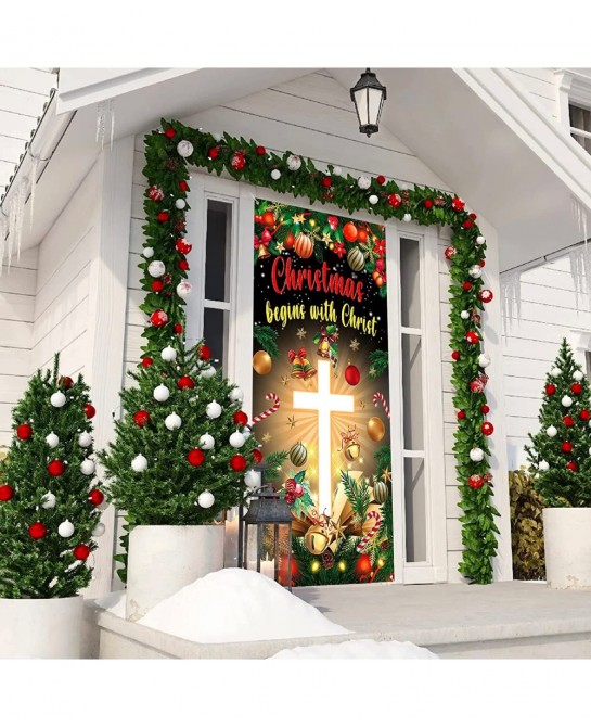 Christmas Cross Door Cover Nativity Cross Religious Door Decorations Banner Christmas Begins with Christ Porch Sign Photo Bac...