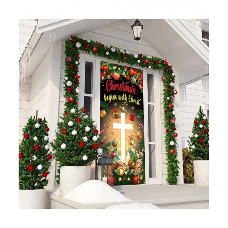 Christmas Cross Door Cover Nativity Cross Religious Door Decorations Banner Christmas Begins with Christ Porch Sign Photo Bac...