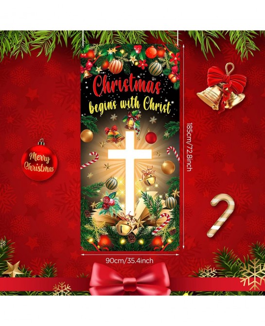 Christmas Cross Door Cover Nativity Cross Religious Door Decorations Banner Christmas Begins with Christ Porch Sign Photo Bac...