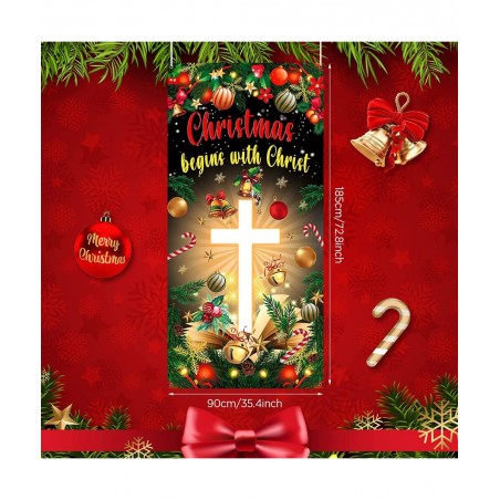 Christmas Cross Door Cover Nativity Cross Religious Door Decorations Banner Christmas Begins with Christ Porch Sign Photo Bac...