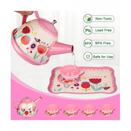 Tea Set for Little Girls Kids Tea Set 15 PCS Pink Tin Tea Party Set for Toddlers Princess Tea Time Pretend Toy with Carrying ...