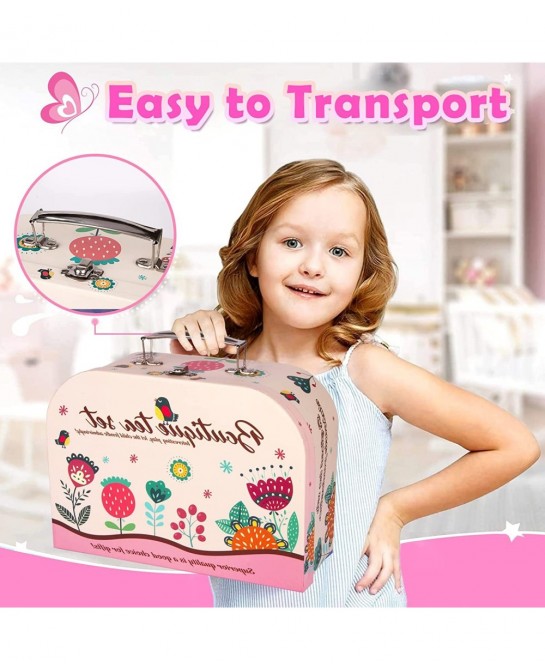 Tea Set for Little Girls Kids Tea Set 15 PCS Pink Tin Tea Party Set for Toddlers Princess Tea Time Pretend Toy with Carrying ...