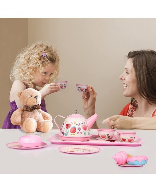Tea Set for Little Girls Kids Tea Set 15 PCS Pink Tin Tea Party Set for Toddlers Princess Tea Time Pretend Toy with Carrying ...