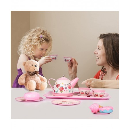 Tea Set for Little Girls Kids Tea Set 15 PCS Pink Tin Tea Party Set for Toddlers Princess Tea Time Pretend Toy with Carrying ...