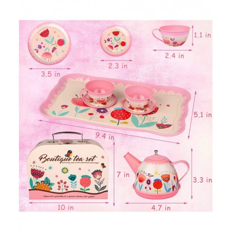Tea Set for Little Girls Kids Tea Set 15 PCS Pink Tin Tea Party Set for Toddlers Princess Tea Time Pretend Toy with Carrying ...