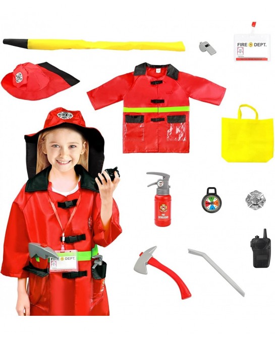 12 PC Washable Kids Fireman Costume Toy for Children Boys and Girls pretend role play dress up with Complete Firefighter Acce...