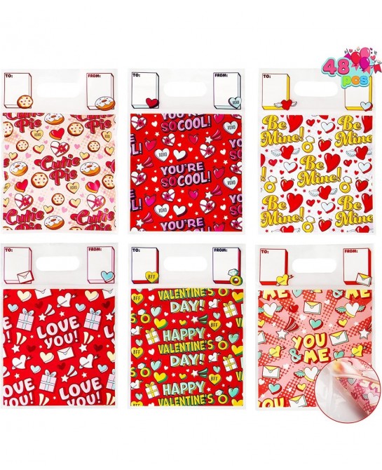 48 Pcs Valentine’s Day Sealing Gift Bag with Handles Candy Bag with 6 Designs for Kids Party Favor Classroom Exchange Prizes ...