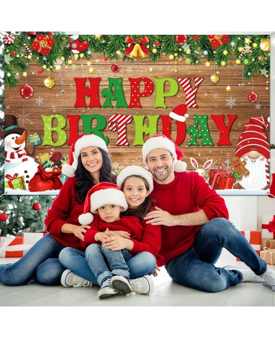 Christmas Birthday Theme Backdrop Merry Xmas Happy Birthday Background with Snowman and Gnome Pattern Xmas Birthday Photo Boo...