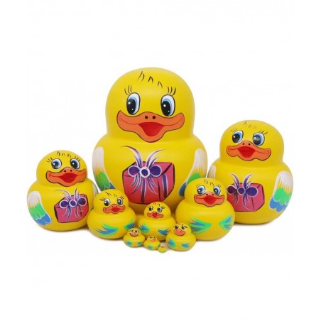 Set of 10 Big-Belly Yellow Duck Bringing Gifts Pattern Nesting Dolls Handmade Wooden Matryoshka Crafts Russian Doll for Kids ...