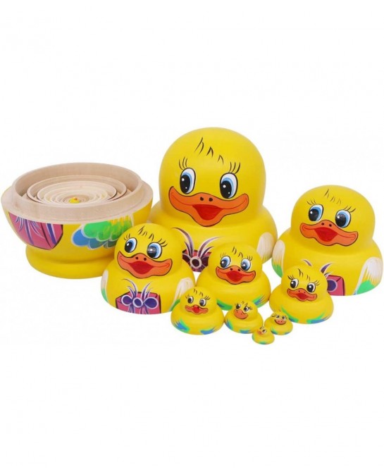 Set of 10 Big-Belly Yellow Duck Bringing Gifts Pattern Nesting Dolls Handmade Wooden Matryoshka Crafts Russian Doll for Kids ...
